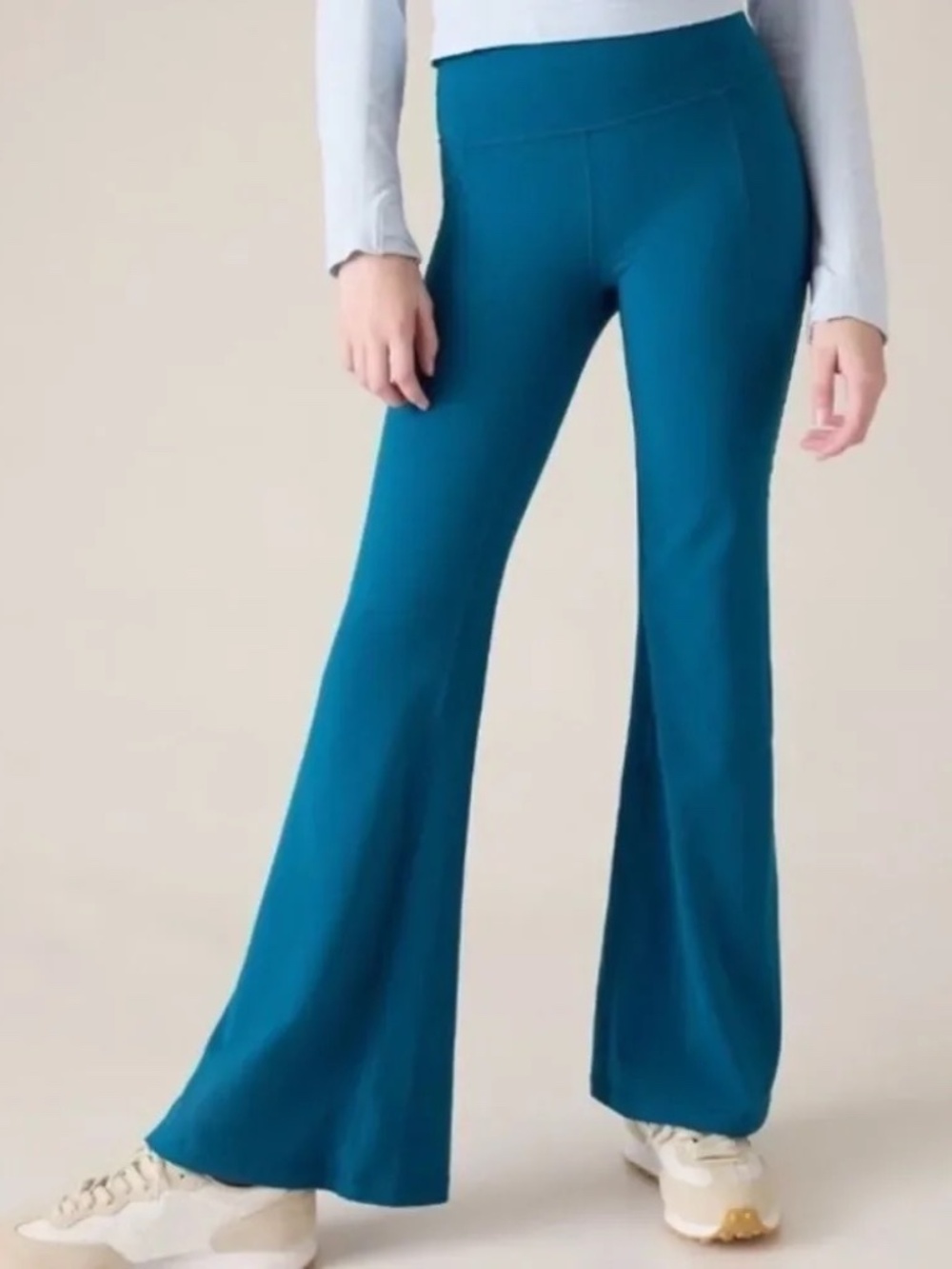 Athleta Elation High Rise Flare Pant Leggings L Teal Blue Wide Leg Stretch Yoga
